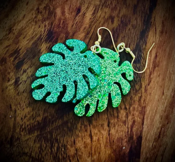 Green Glitter Leaf Earrings – Handmade and Sparkling - Image 3