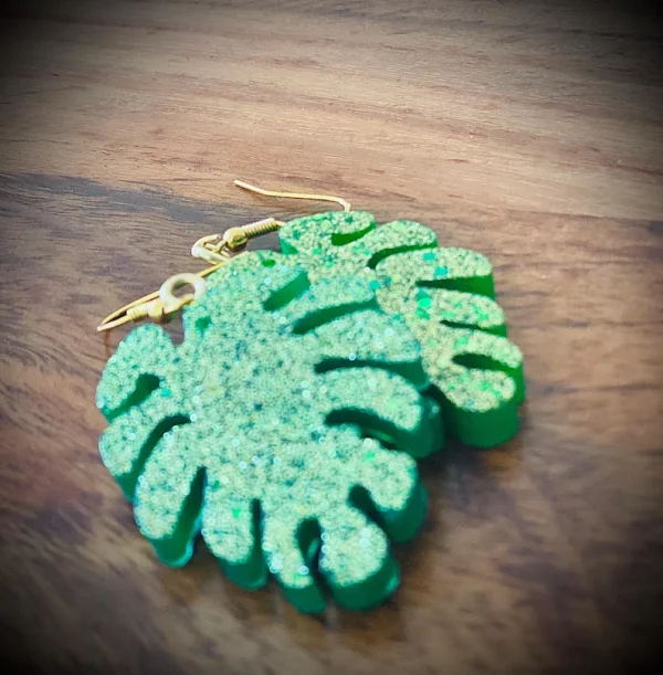 Green Glitter Leaf Earrings – Handmade and Sparkling - Image 2