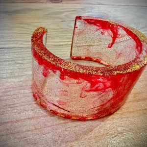 Transparent Red Lava and Gold Bracelet with Glitter and Stars - Unique Accessory